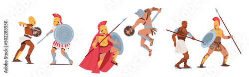 Set of Spartan Male Characters Legionary Soldiers, Roman Warriors Gladiators Holding Shield and Weapon Fight on Coliseum