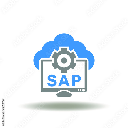 Vector illustration of cloud and computer monitor with gear and SAP abbreviation. Symbol of SAP Software of business process automation and management. Sign of ERP Enterprise Resources Planning.