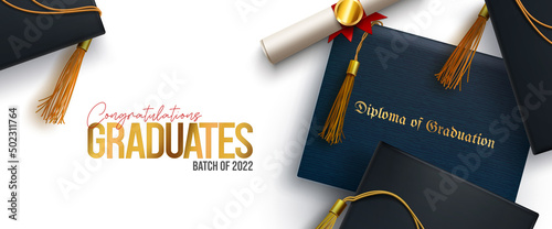 Graduation greeting vector background design. Congratulations graduates text with 3d diploma, holder and mortarboard cap elements for college grad celebration messages. Vector illustration. 