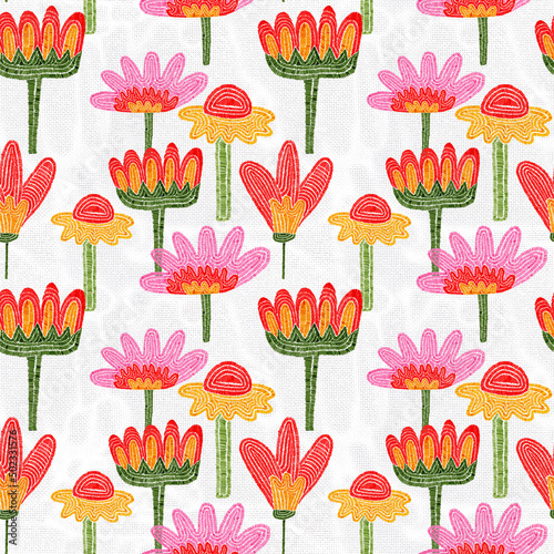 seamless pattern - embroidered craft flowers.Knitted hobby floral ornament.Vintage pattern for fabric with flowers, leaves, tulips, roses.Digital embroidery.Cottage core vintage textile.Ethnic folk 