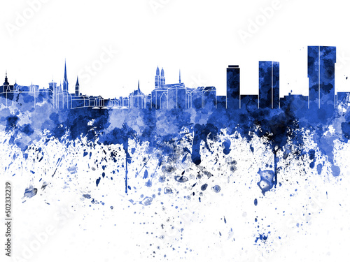 Zurich skyline in blue watercolor on white background