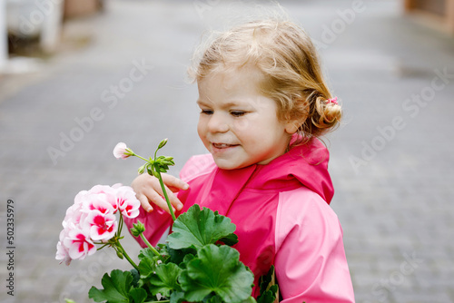 Cute blonde toddler girl planting seeds and seedlings of geranium flowers in garden. Happy healthy baby child on cold spring day helping parents in domestic garden.
