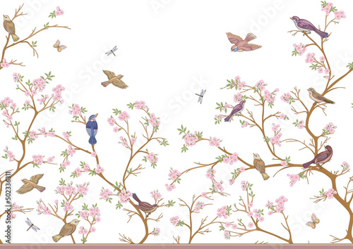 Cherry blossom tree, sakura. With sparrow, finches butterflies and dragonflies. Seamless pattern, background. Vector illustration in botanical style