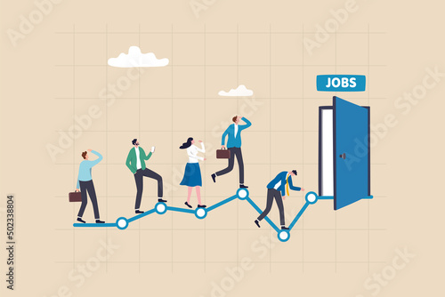 Unemployment rate or hiring position statistics or forecast, economy growth or recession, new worker or corporate job concept, business people queue in line on unemployment graph diagram applying job.