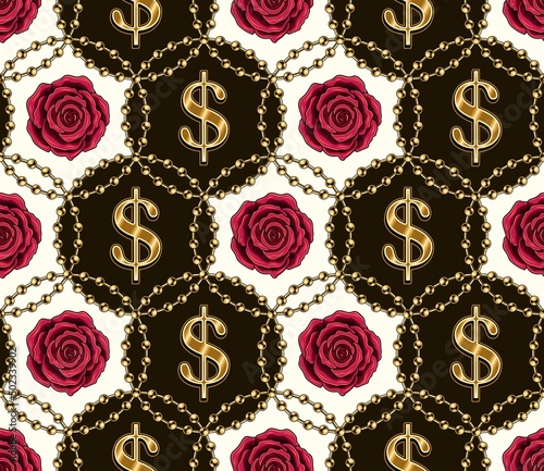 Seamless vintage pattern with circles, gold ball chain, crimson roses, golden dollar sign. Classic background. Vector illustration