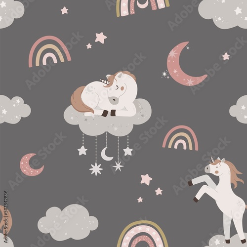 Seamless pattern with cute unicorn sleeping on cloud. Hand drawn magic horn with rainbow, stars and moon. Flat celestial vector illustration.