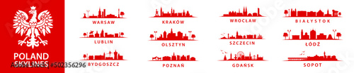 Collection of polish skylines, big bundle of cities in Poland, eastern Europe, Szczecin, Krakow, Wroclaw, Lublin, Olsztyn, Warsaw, Bydgoszcz, Poznan, Gdansk, Lodz, Sopot, Bialystok