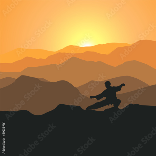 silhouette of a person exercising qigong in mountain