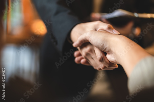 business hand contract meeting with success agreement concept, professional businessman handshake in modern office with cooperation person team, teamwork partnership deal and greeting