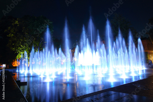 Beautiful fountain at the Litewski Square in Lublin at night, Poland