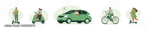 Electric transportation illustration set. Characters driving electric car, bike, scooter and motorcycle. Eco friendly vehicle concept. Vector illustration.
