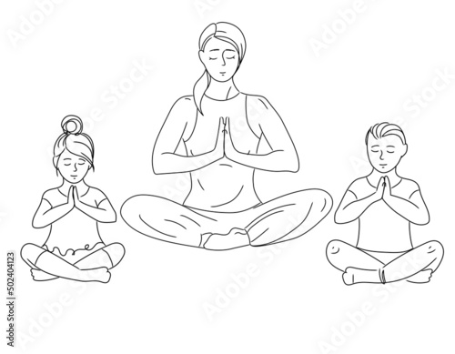 Mother with children daughter and son sitting in lotus position and meditating vector outline illustration.Kids yoga, mindfulness,relaxation. Family meditation.Mental health