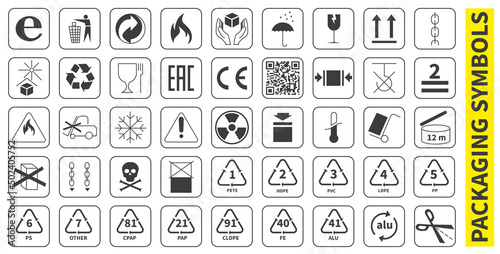 A set of packaging symbols for transportation, storage and product information. dark symbols isolated on white background.