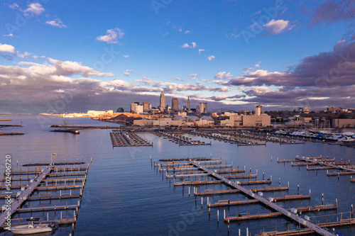 Aerial view of downtown Cleveland with the docks at Edgewater Park in the front