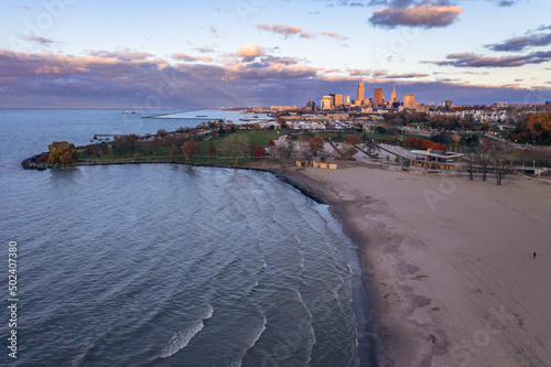 Aerial view of Edgewater beach in Cleveland, Ohio with downtown in the far back
