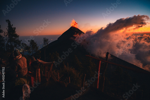 Beautiful view of the eruption of Volcano Acatenango in Guatemala, Central America