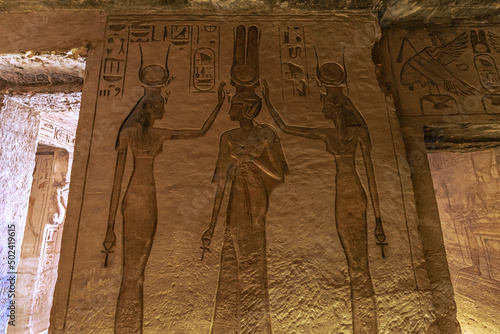 Abu Simbel, Egypt - November 16, 2021: Inside the great ancient Egyptian temple of Nefertari at Abu Simbel, Egypt