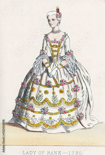 Vertical shot of the 19th-century vintage theatrical costume drawing of a lady of rank 1730