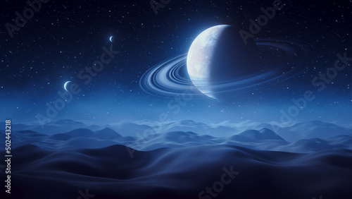 Night background of a desert landscape with a planet with rings in the sky and two small satellites. Sci-fi Environment. 3D Rendering