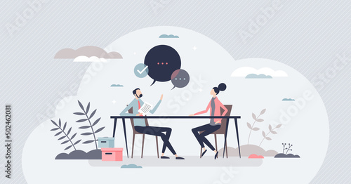 Career counselor and job mentor or guidance expert tiny person concept. Motivation lesson and inspiration coaching with employee future opportunity and vision strategy potential vector illustration.