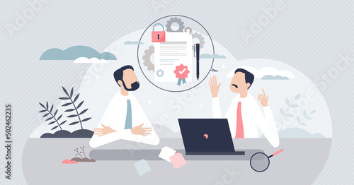 Academic advisor and university learning expert guidance tiny person concept. Advice from teacher and knowledge support with solutions and path control vector illustration. Meeting with faculty doctor