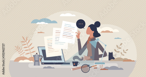 Content writing and creative text author as freelance job tiny person concept. Professional copywriter, editor or social media blog creation for advertising or publication sharing vector illustration.