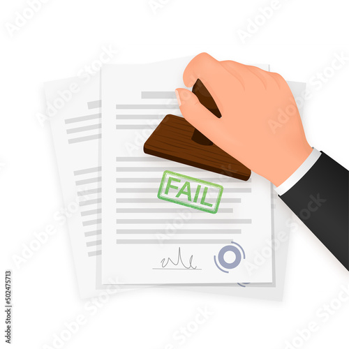 Fail red stamp on document background. White background. Vector illustration