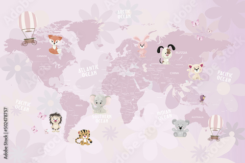world map animals for kids room wallpaper design 