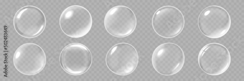 Bubbles, realistic 3d soap bubble isolate on vector transparent background. Abstract soap foam or glass bubbles with glossy light