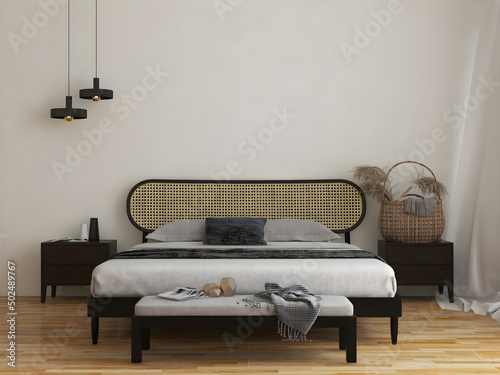 Bedroom interior mockup with rattan bed and hanging lamps. 3d rendering. 3d illustration
