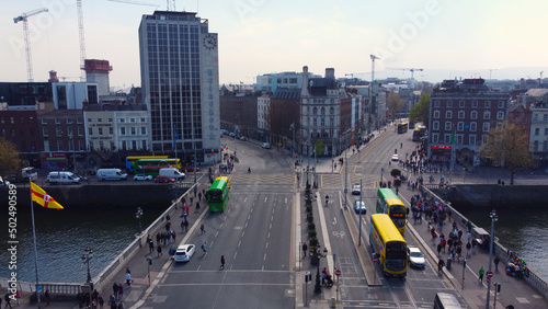 O Connell Bridge in the city center of Dublin - view from above by drone
