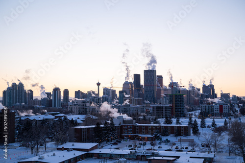 Calgary skyline on cold winter sunset