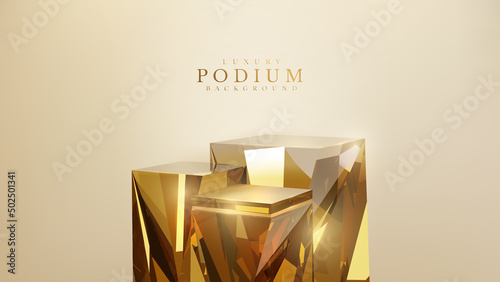 Luxury background with 3d realistic crystal podium element and glitter light effect decoration.
