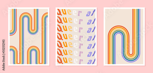 Set of abstract posters with rainbows. Retro wall decor, art print with LGBT symbol and queer af slogan. Contemporary minimalist background in mid century style. Pride pattern. Vector illustration.