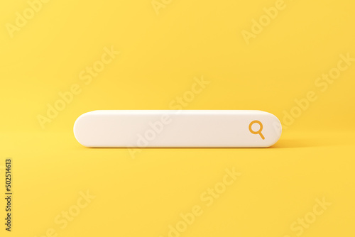 Minimal search or magnifying glass in blank search bar on yellow background, 3d render, copy space.