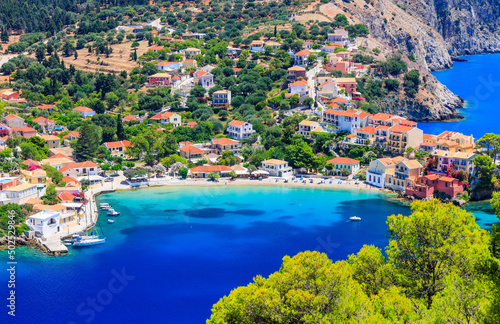 Kefalonia, Greece. Colorful village of Assos seen from Assos Castle.
