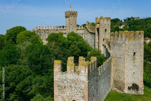 Medieval walls and towers surrounded by greenery with a blue sky background. Carrarese Castle, Este, Italy. Aerial view.