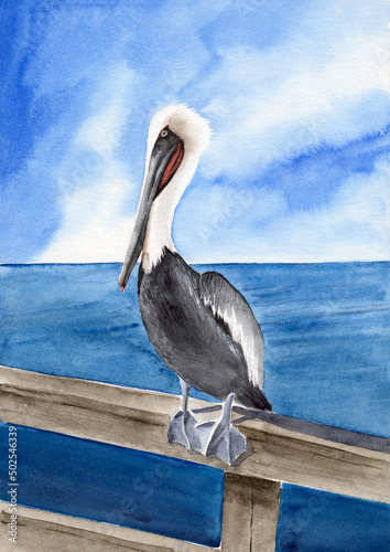 Watercolor illustration of a white pelican with black wings and a large beak, sitting on a wooden beam against the backdrop of a dark blue sea