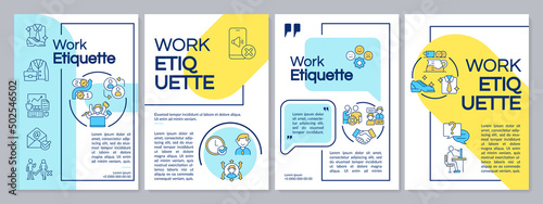 Work etiquette yellow and blue brochure template. Workplace ethical code. Leaflet design with linear icons. 4 vector layouts for presentation, annual reports. Questrial, Lato-Regular fonts used