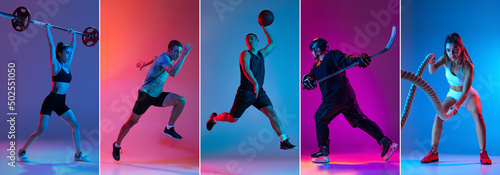 Set of portraits of professional sportsmen in sports uniform isolated on multicolored background in neon light. Flyer. Advertising, sport life concept