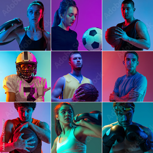 Collage of professional sportsmen in sports uniform isolated on multicolored background in neon light. Flyer. Advertising, sport life concept
