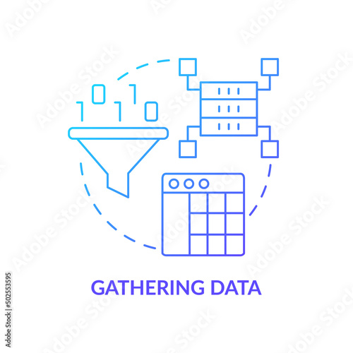 Gathering data blue gradient concept icon. Artificial intelligence. Problem solving step in machine learning abstract idea thin line illustration. Isolated outline drawing. Myriad Pro-Bold font used