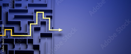 Concept - solving a complex problem. Blue maze and floor with yellow solution path with arrow. Banner size.