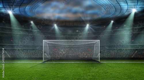 football or soccer goal gate closeup with green grass. 3D Illustration. textured soccer game field