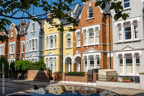 Street of colourful houses in Kensington, West London