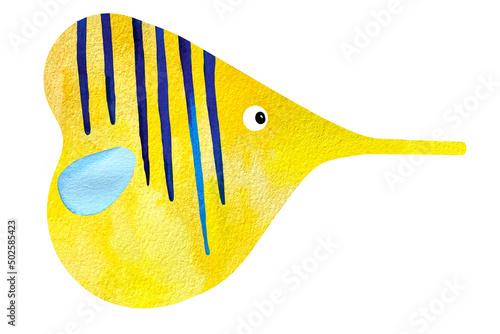 Watercolor colorful fantasy cartoon yellow and blue fish. Flame angelfish, Copperband Butterflyfish, Purple mask angelfish