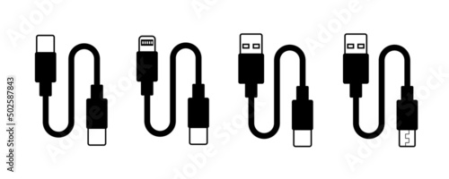 Vector set of usb computer universal connectors: micro, lightning, type A, C. Computer and mobile plugs design. Flat outline illustration with connectors.