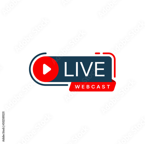 Live webcast or webinar vector icon of online education, virtual training course and web conference. Broadcast or podcast sign with red play button and ribbon banner, streaming media technologies