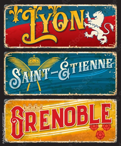 Lyon, Grenoble, Saint-Etienne french city travel stickers and plates. France travel nostalgic banner, European journey vector sticker or tin sign with lion, castle and kings crown Coat of Arms symbols