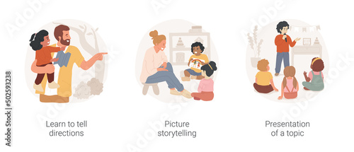 Kids communication skills isolated cartoon vector illustration set. Learn to tell directions, picture storytelling, presentation of a topic, early education, public speech, daycare vector cartoon.